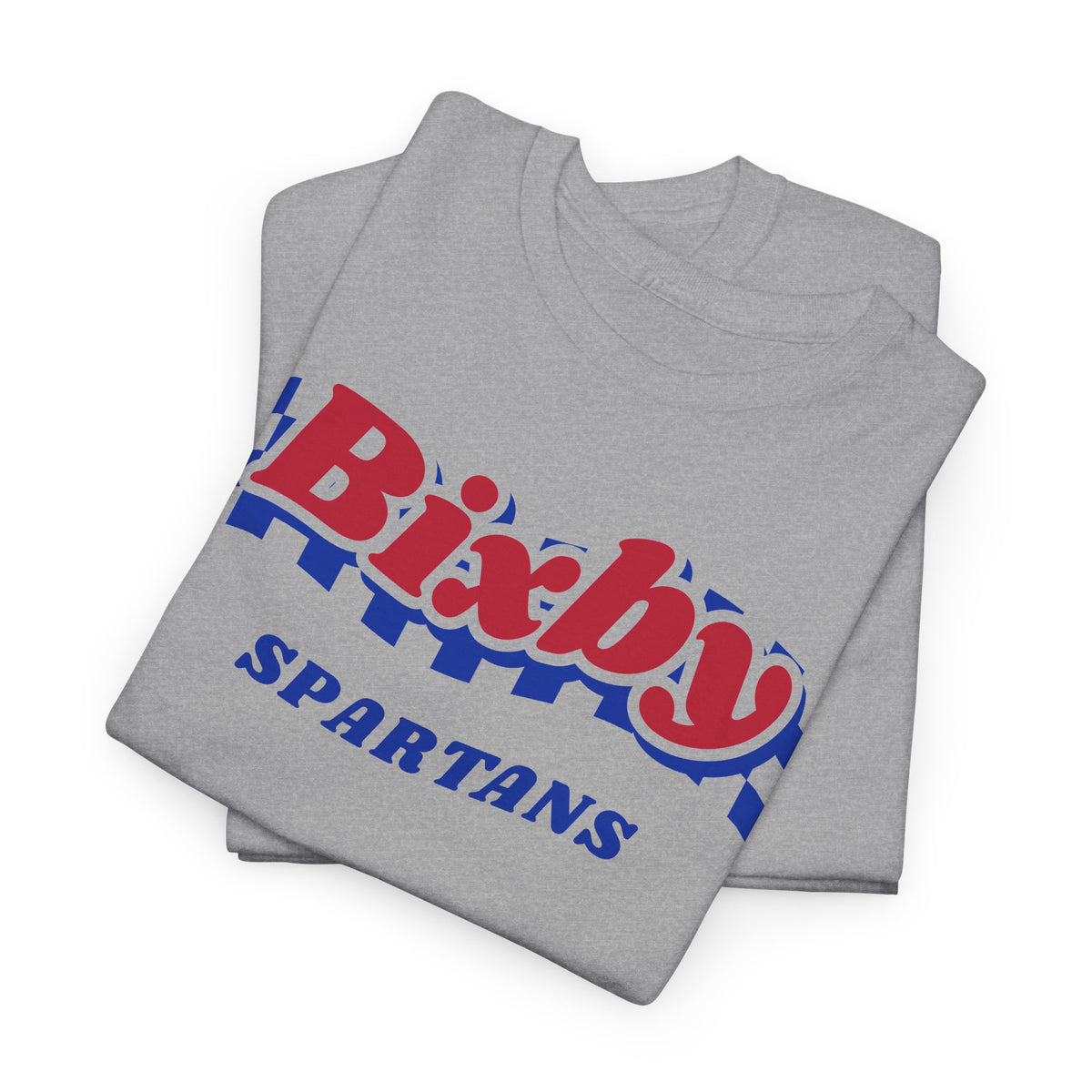 Bixby Spartans Retro Blue Checkered Script Tee – Vintage Game Day Shirt