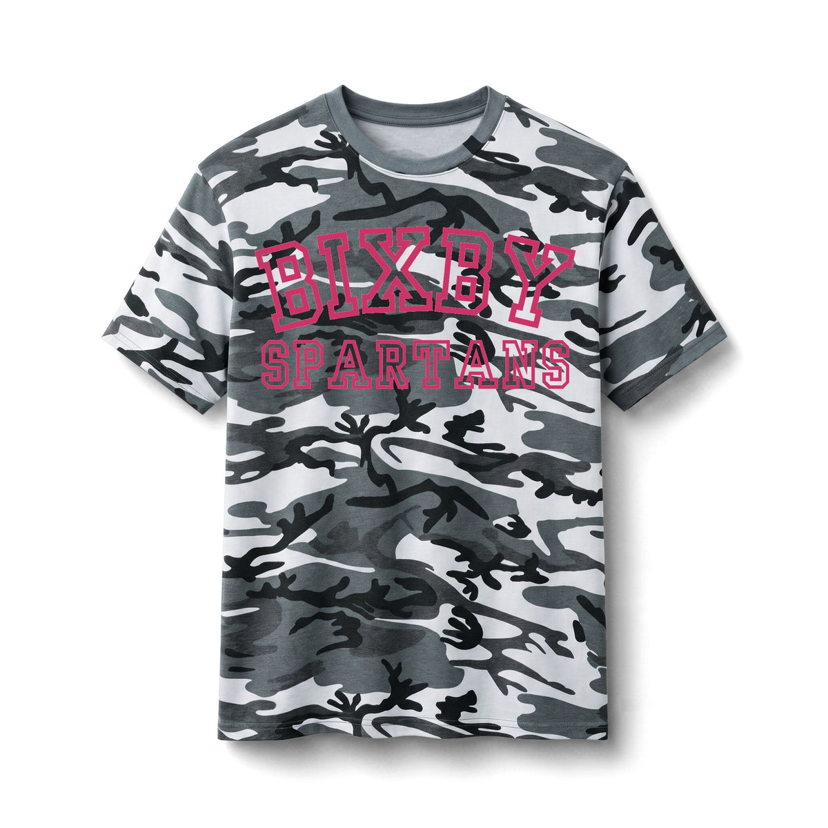 Bixby Spartans Camo - Pink Lettering Cotton Tee