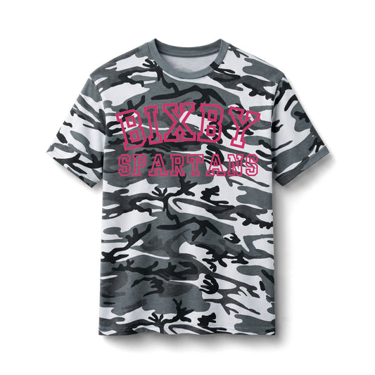 Bixby Spartans Camo - Pink Lettering Cotton Tee