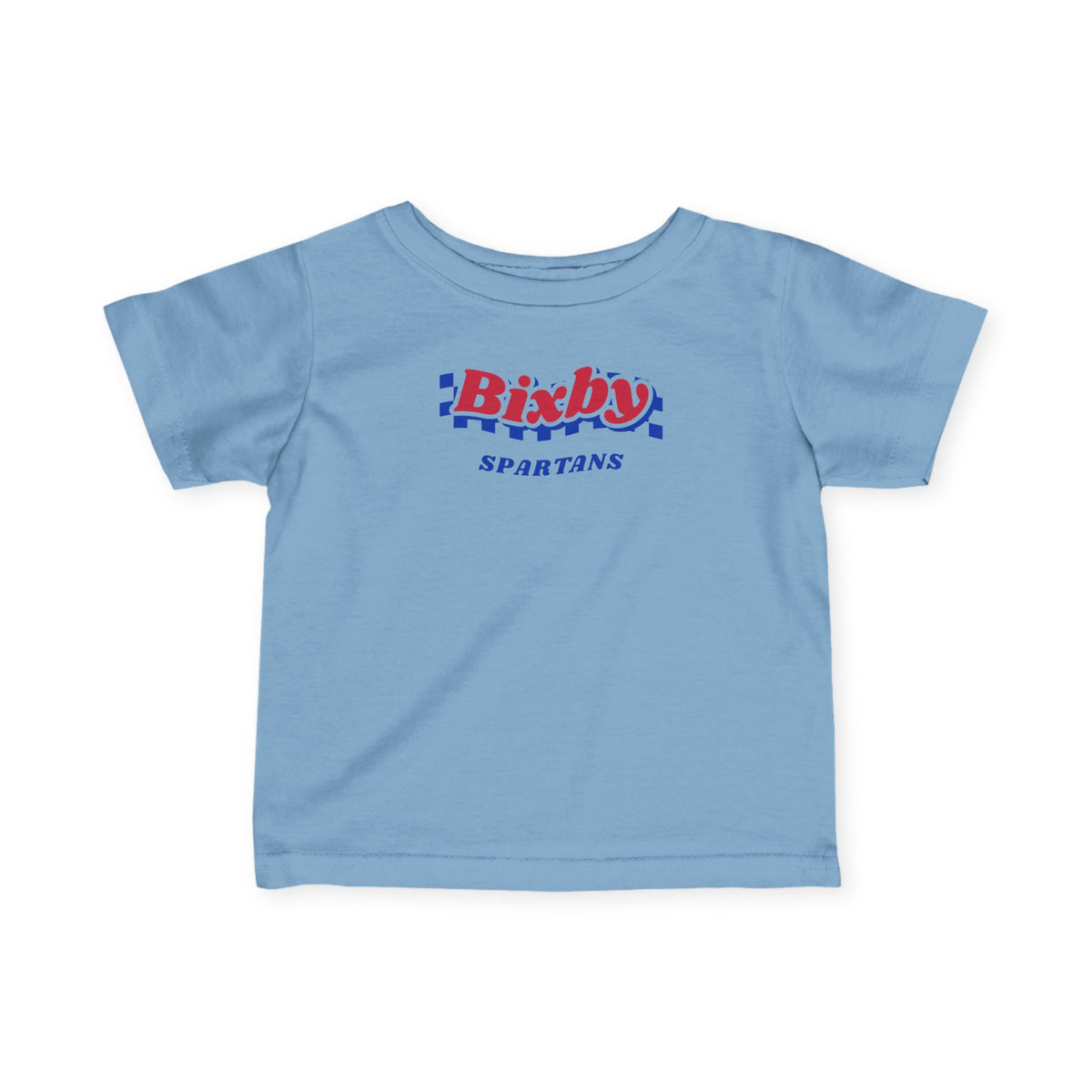 Bixby Spartans Retro Blue Checkered Script Infant Tee – Baby Vintage Spartan Shirt