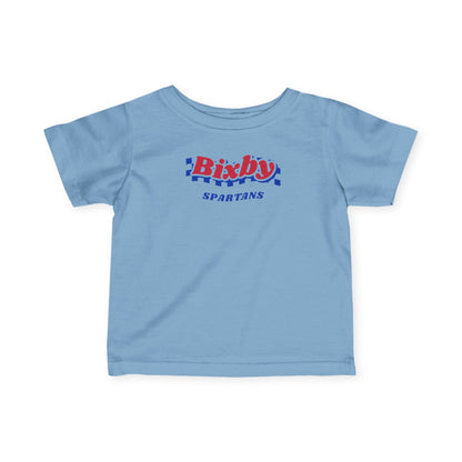 Bixby Spartans Retro Blue Checkered Script Infant Tee – Baby Vintage Spartan Shirt