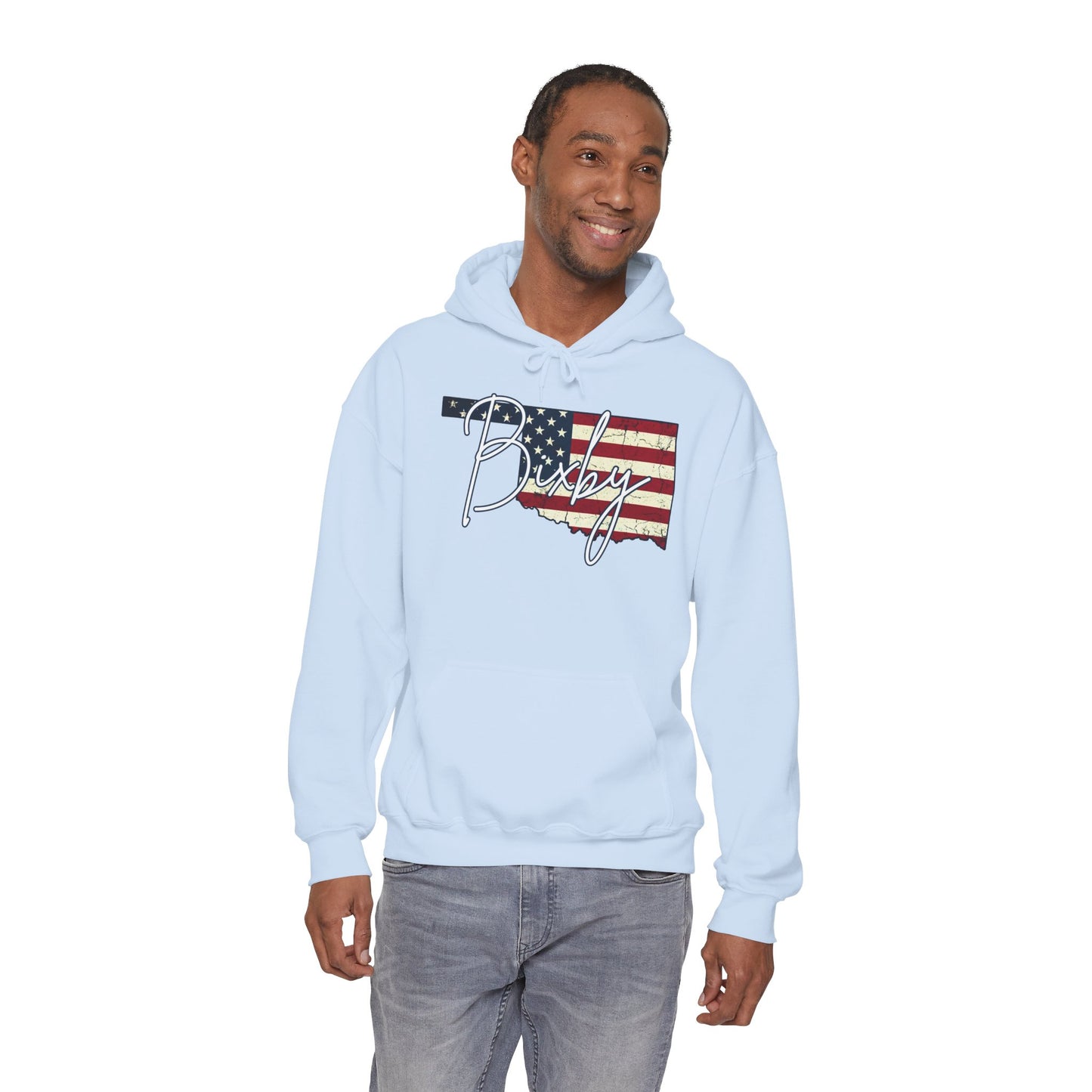 Oklahoma Flag Hoodie with "Bixby" Script Gildan Hoodie