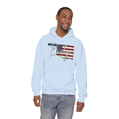 Oklahoma Flag Hoodie with "Bixby" Script Gildan Hoodie