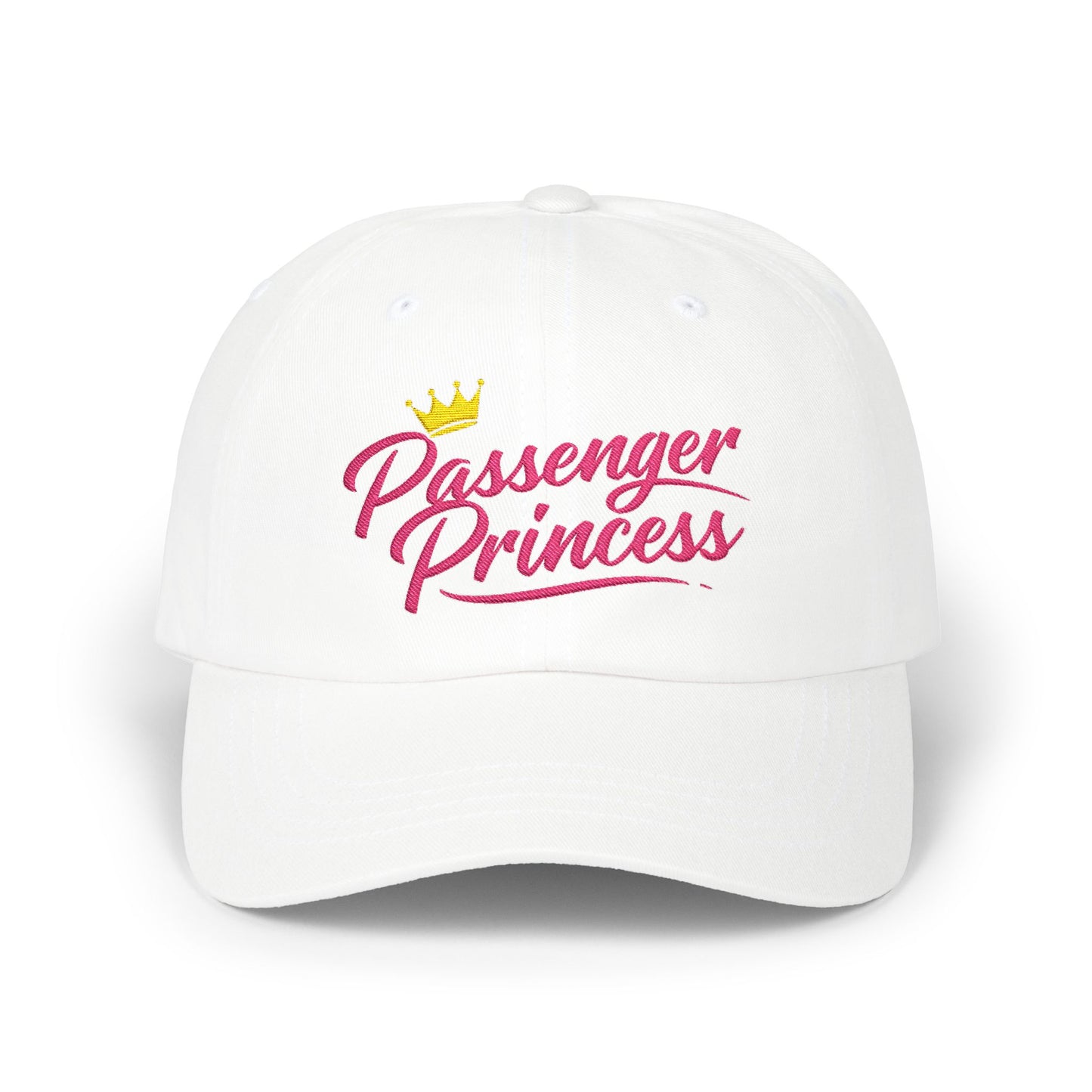 Passenger Princess Dad Cap – Embroidered White Baseball Hat with Pink Script and Crown