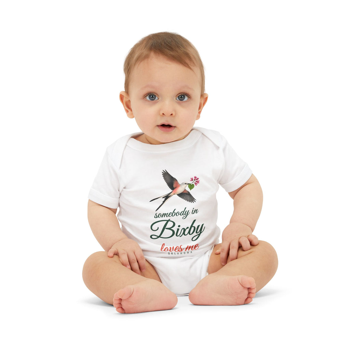 Somebody in Bixby Loves Me Baby Bodysuit, Pink, worn on baby