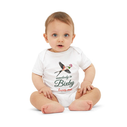 Somebody in Bixby Loves Me Baby Bodysuit, Pink, worn on baby