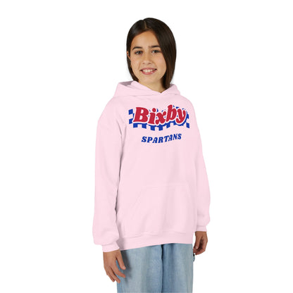 Bixby Spartans Retro Blue Checkered Script Youth Hoodie – Kids Vintage Game Day Hoodie