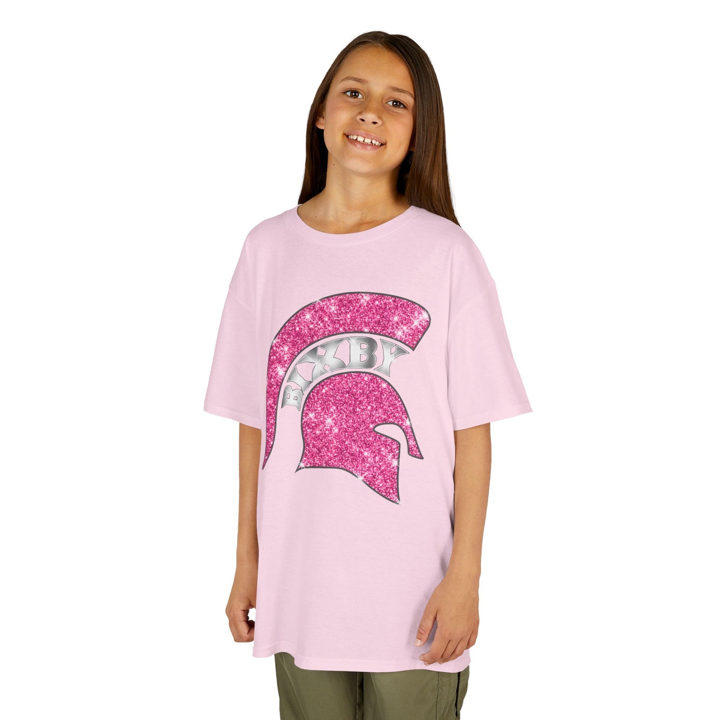 Bixby Spartan Pink Helmet Bling Youth Gildan Tee