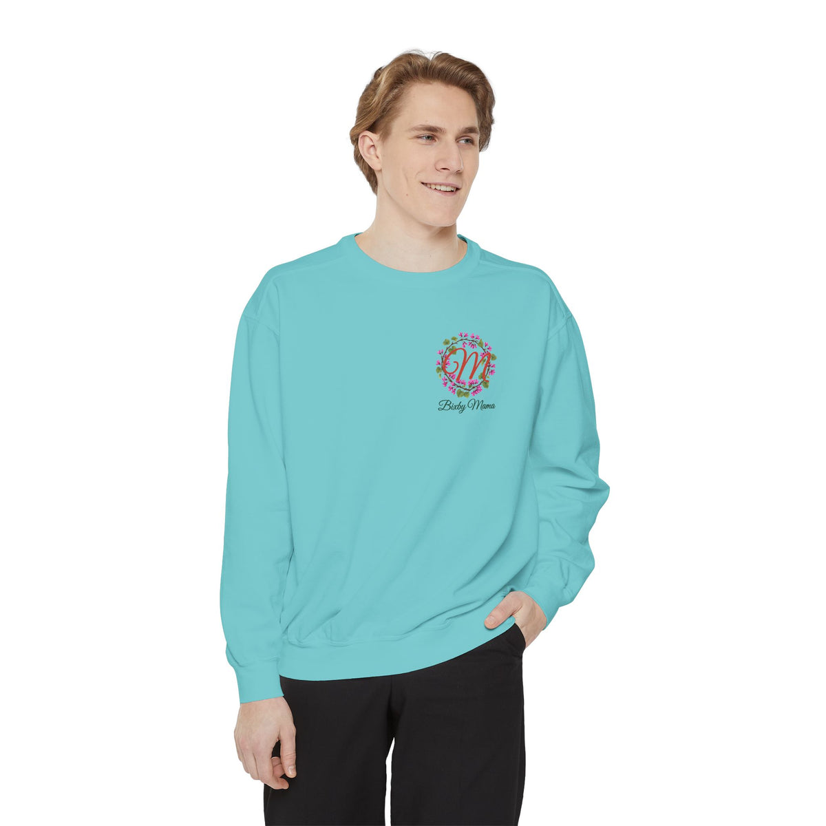 Bixby Mama Sweatshirt in Chalky Mint, worn, front view