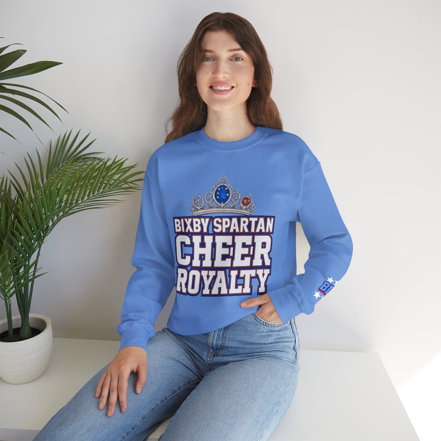 Bixby Spartan Cheer Royalty With Sleeve Print Gildan Sweatshirt