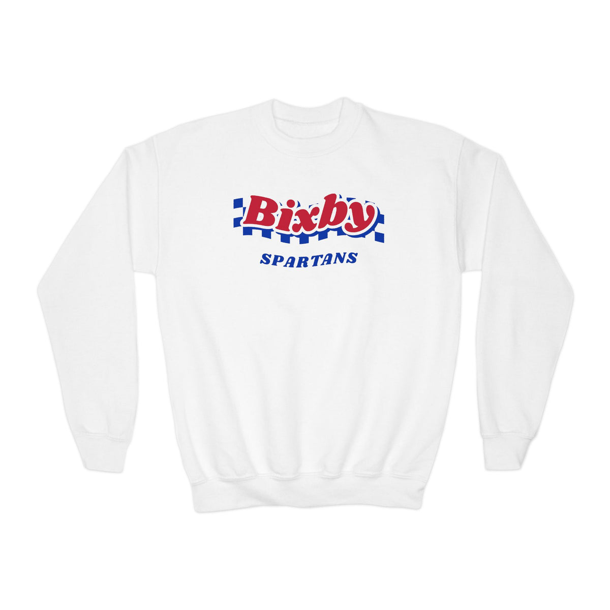 Bixby Spartans Retro Blue Checkered Script Youth Sweatshirt – Kids Vintage Crewneck