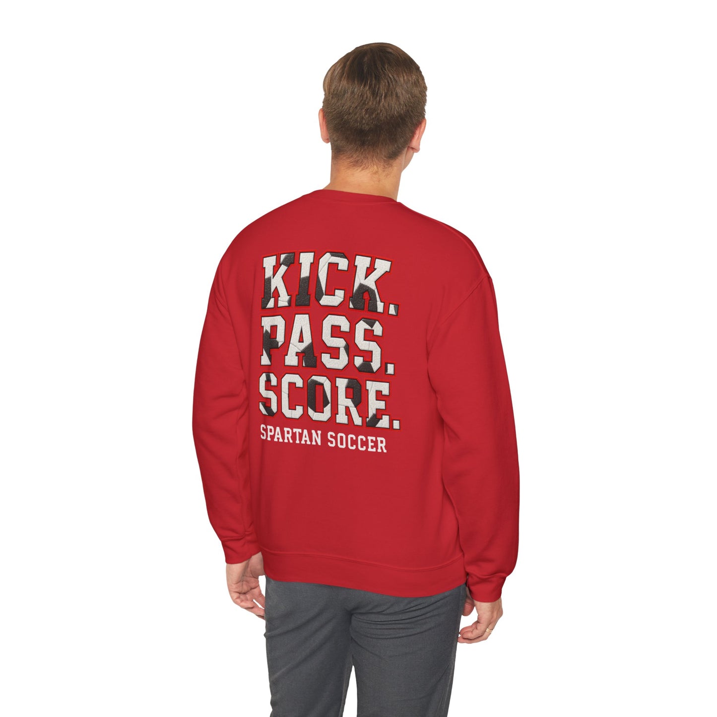 Kick. Pass. Score. Spartan Soccer Gildan Sweatshirt