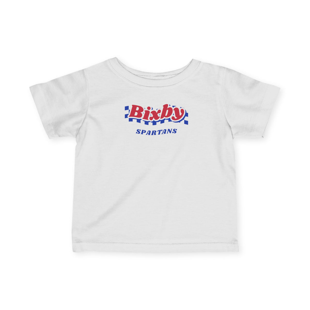 Bixby Spartans Retro Blue Checkered Script Infant Tee – Baby Vintage Spartan Shirt