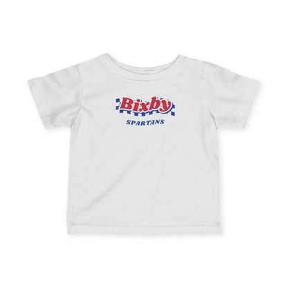 Bixby Spartans Retro Blue Checkered Script Infant Tee – Baby Vintage Spartan Shirt
