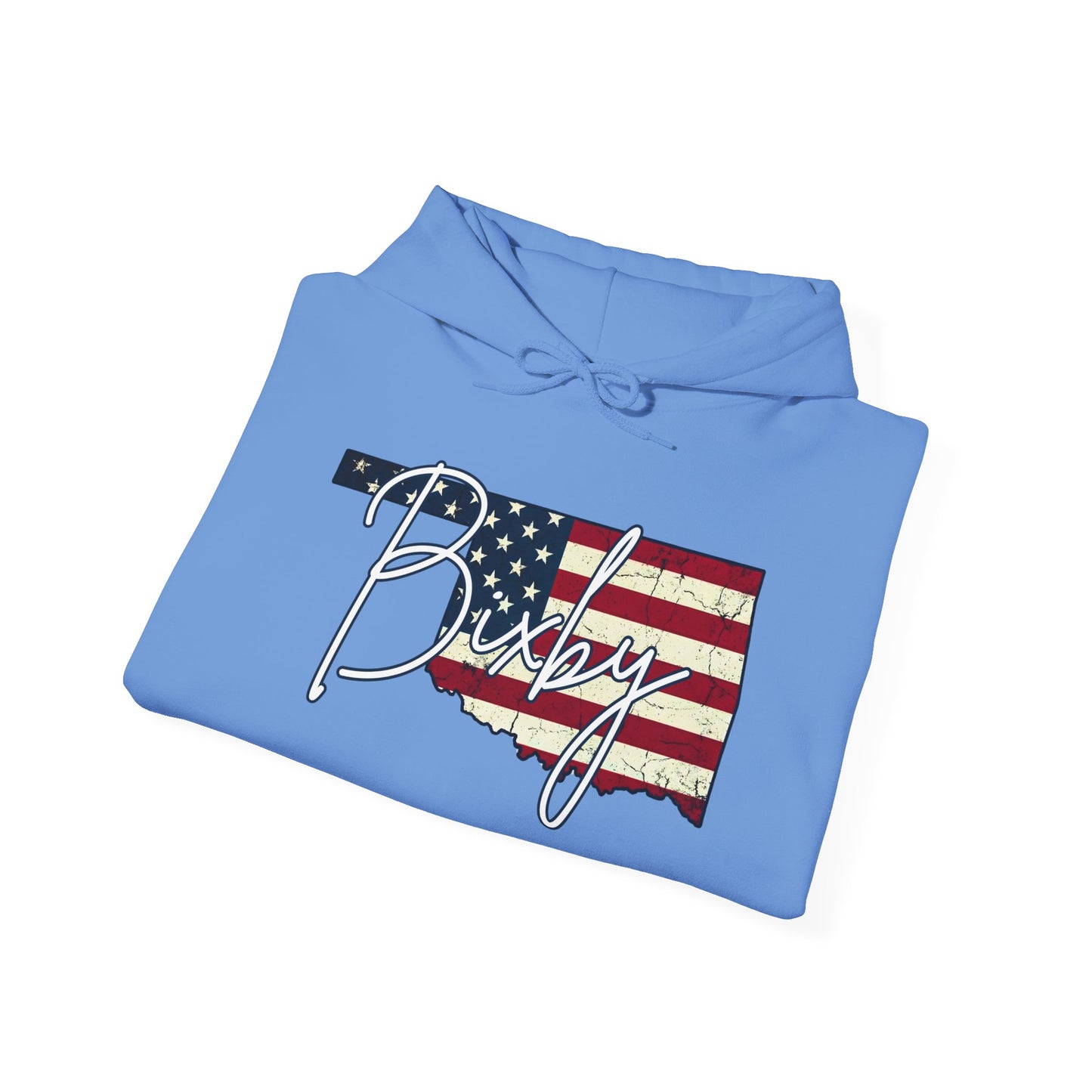 Oklahoma Flag Hoodie with "Bixby" Script Gildan Hoodie