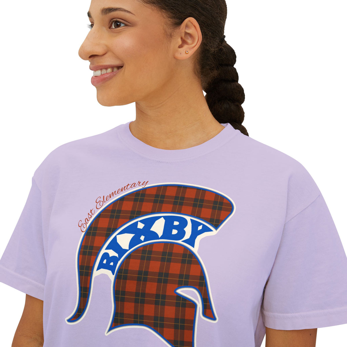 Bixby Spartans East Elementary Plaid Helmet Women's Boxy Tee – School Spirit Mom Shirt