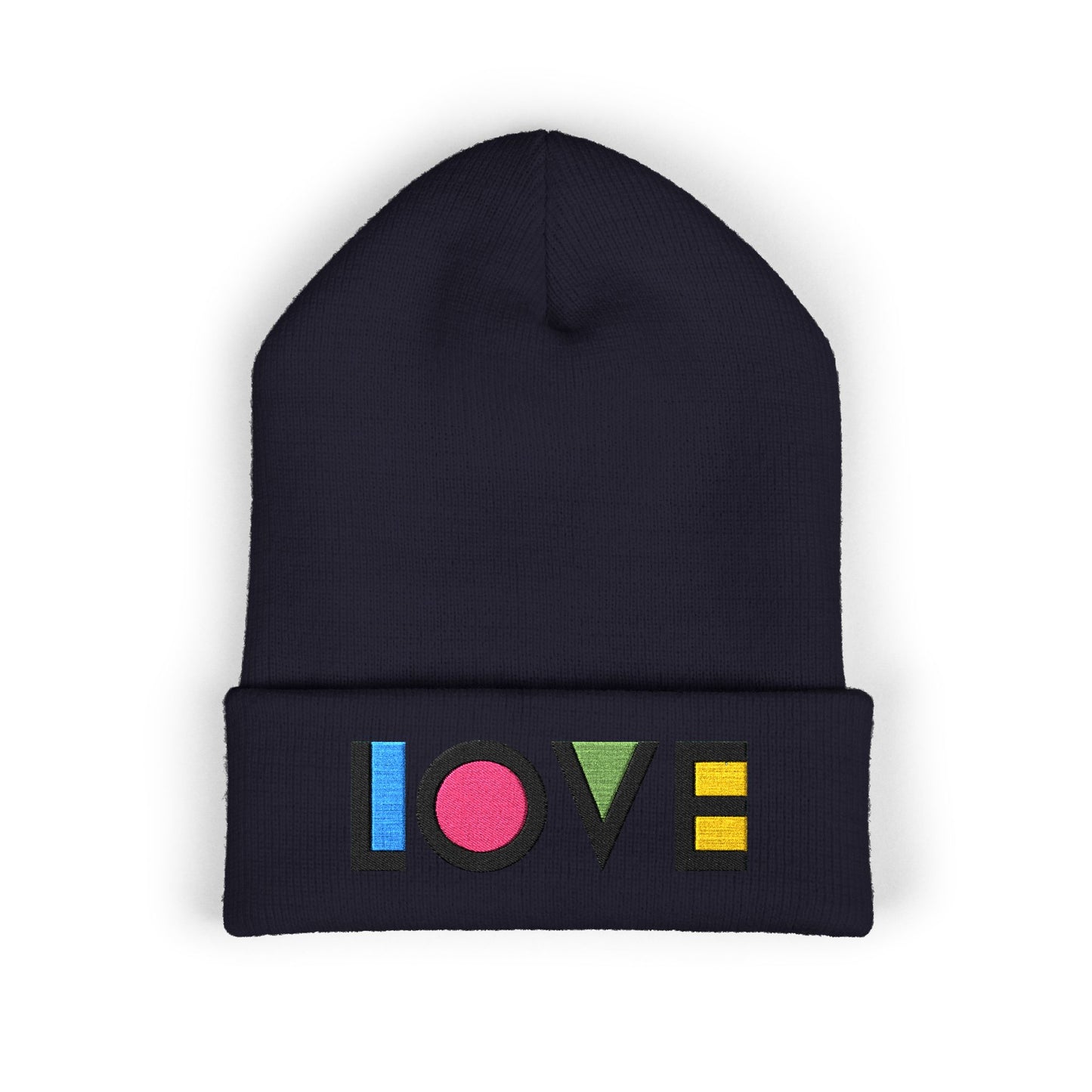 LOVE Embroidered Cuffed Beanie — Colorful Retro Knit Hat for Pride & Everyday Wear