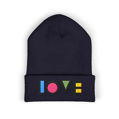 LOVE Embroidered Cuffed Beanie — Colorful Retro Knit Hat for Pride & Everyday Wear
