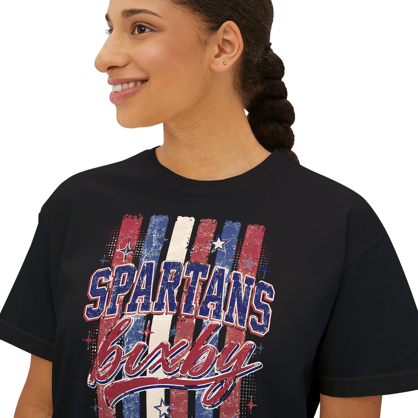 Spartans Lucky Women's Boxy Tee Vintage Red & Blue Patriot Stripes