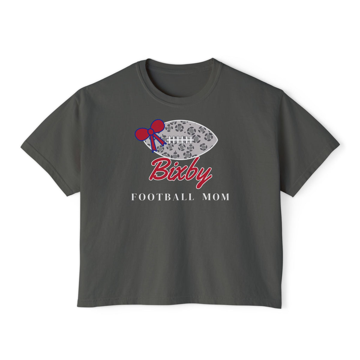 Bixby Spartans Football Mom Women's Boxy Tee – Leopard Football & Bow, White Lettering