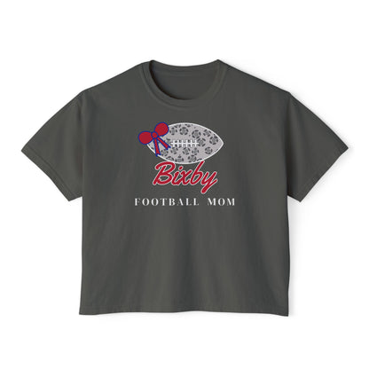 Bixby Spartans Football Mom Women's Boxy Tee – Leopard Football & Bow, White Lettering