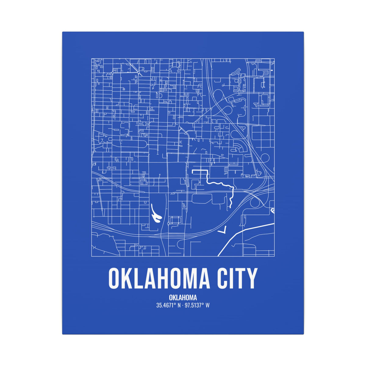 Oklahoma City Street Map Canvas, White on Royal Blue