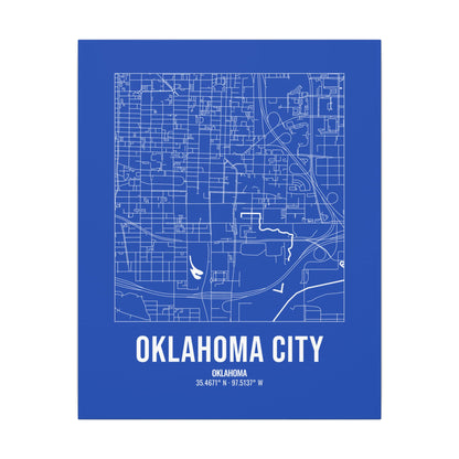 Oklahoma City Street Map Canvas, White on Royal Blue