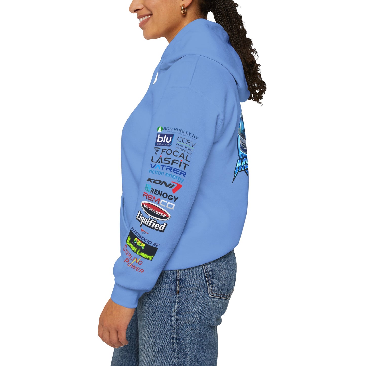 RV Megawatt Hoodie — Retro Camper Graphic Pullover with Sponsor Sleeve Logos