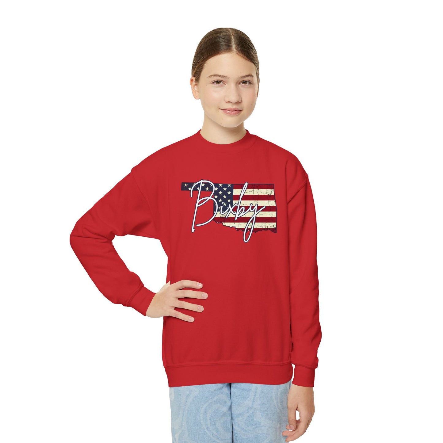 Oklahoma Flag Bixby Script Youth Gildan Sweatshirt