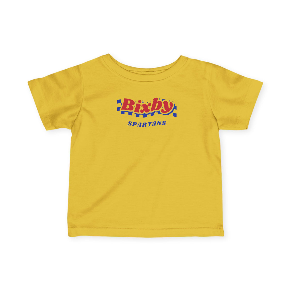 Bixby Spartans Retro Blue Checkered Script Infant Tee – Baby Vintage Spartan Shirt