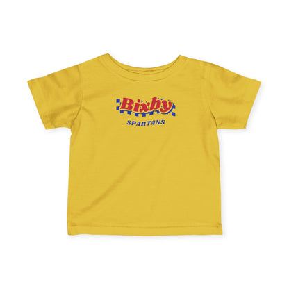 Bixby Spartans Retro Blue Checkered Script Infant Tee – Baby Vintage Spartan Shirt