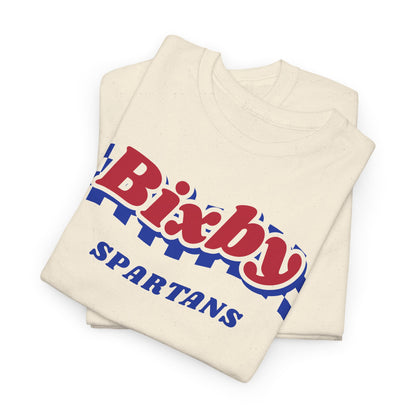 Bixby Spartans Retro Blue Checkered Script Tee – Vintage Game Day Shirt
