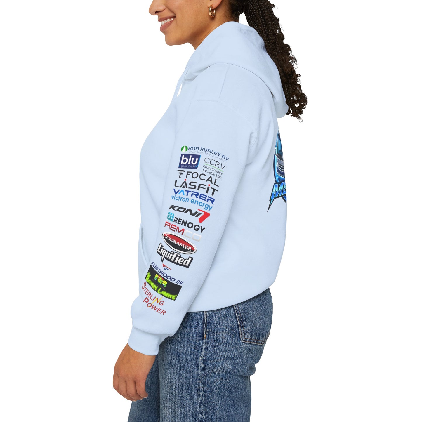 RV Megawatt Hoodie — Retro Camper Graphic Pullover with Sponsor Sleeve Logos
