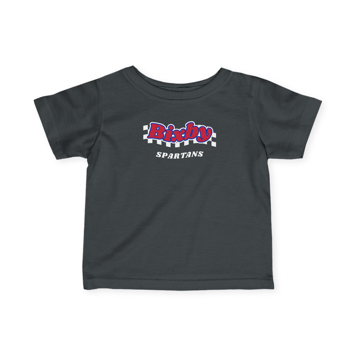 Bixby Spartans Retro Script Checkered Infant Tee – Baby Game Day Shirt