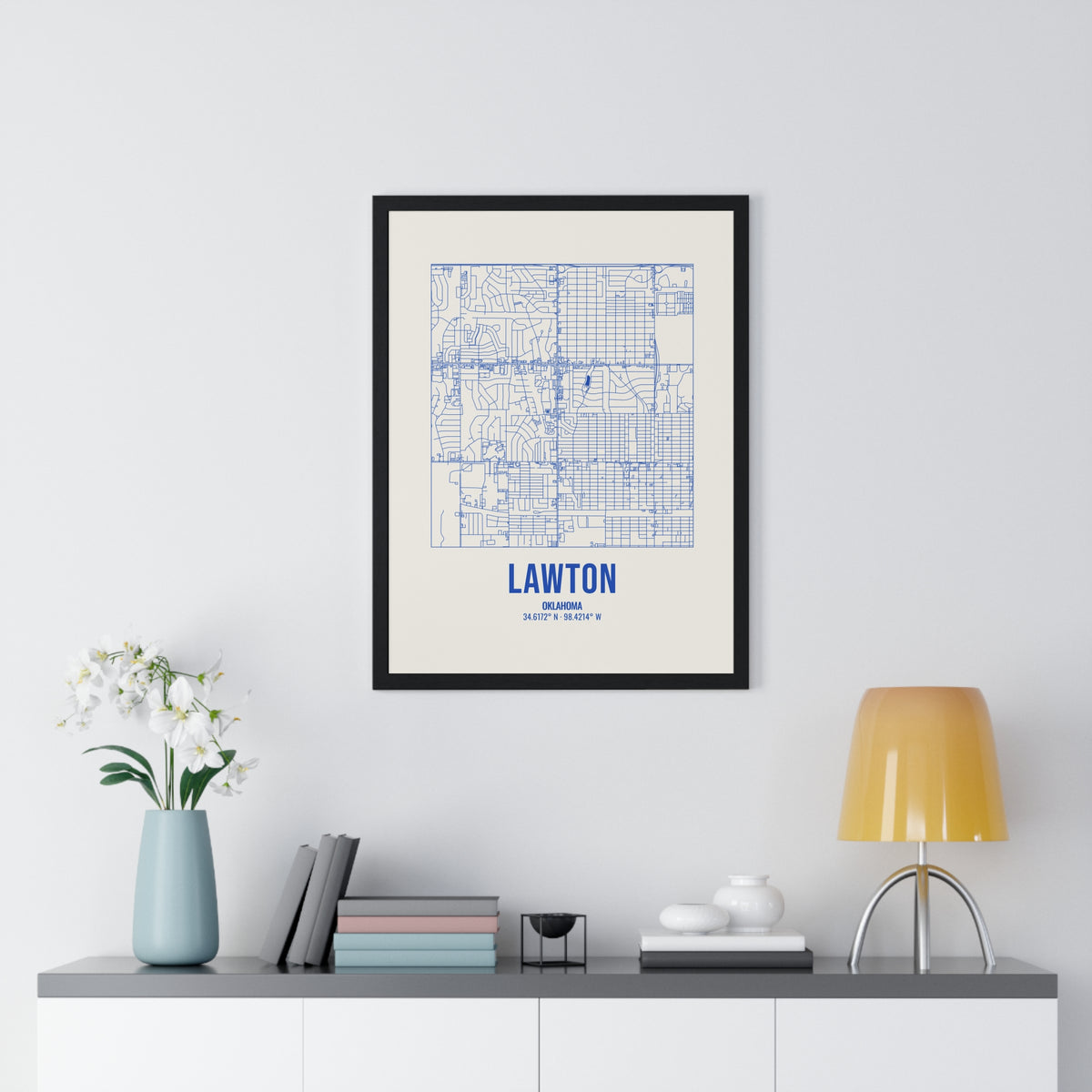 Lawton Street Map Framed Print, Royal Blue on Cream