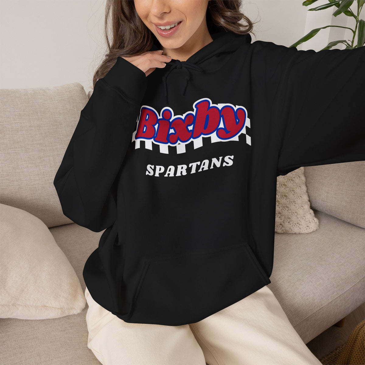 Bixby Spartans Retro Script Checkered Hoodie – Red, White & Blue Game Day Hooded Sweatshirt