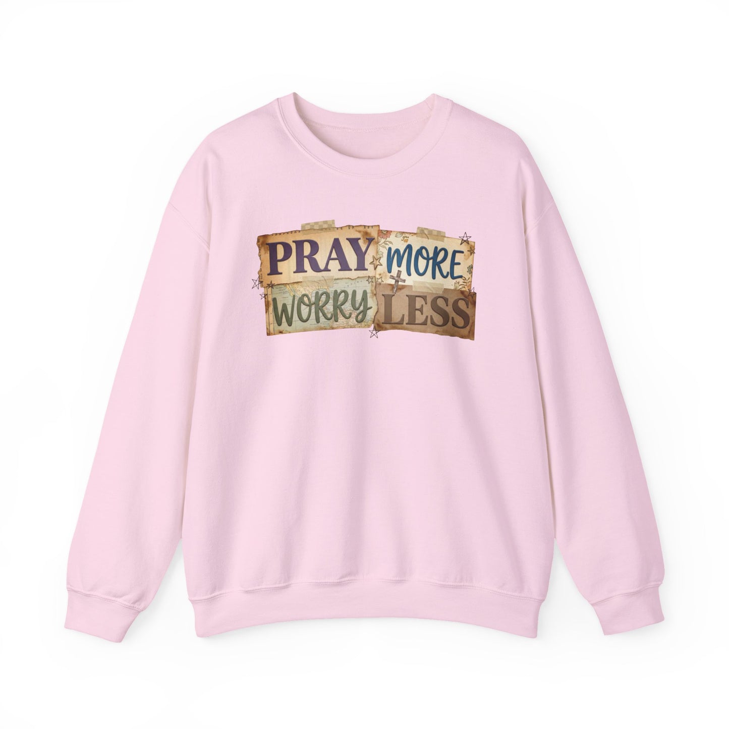 Pray More Worry Less Gildan Sweatshirt | Faith Christian Bible Verse Crewneck