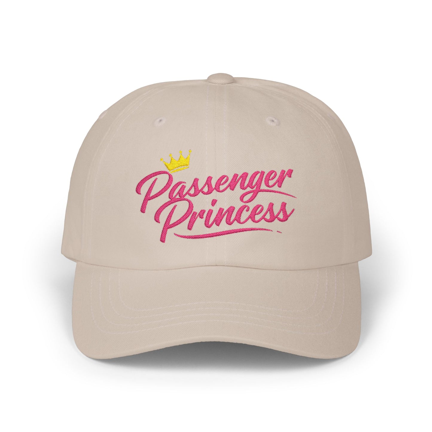 Passenger Princess Dad Cap – Embroidered White Baseball Hat with Pink Script and Crown