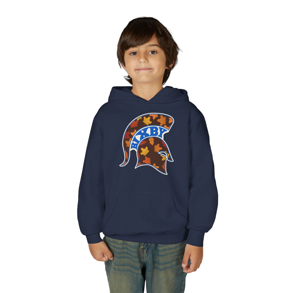 Bixby Spartans Fall Leaves Helmet Youth Hoodie – Kids Autumn Game Day Hoodie