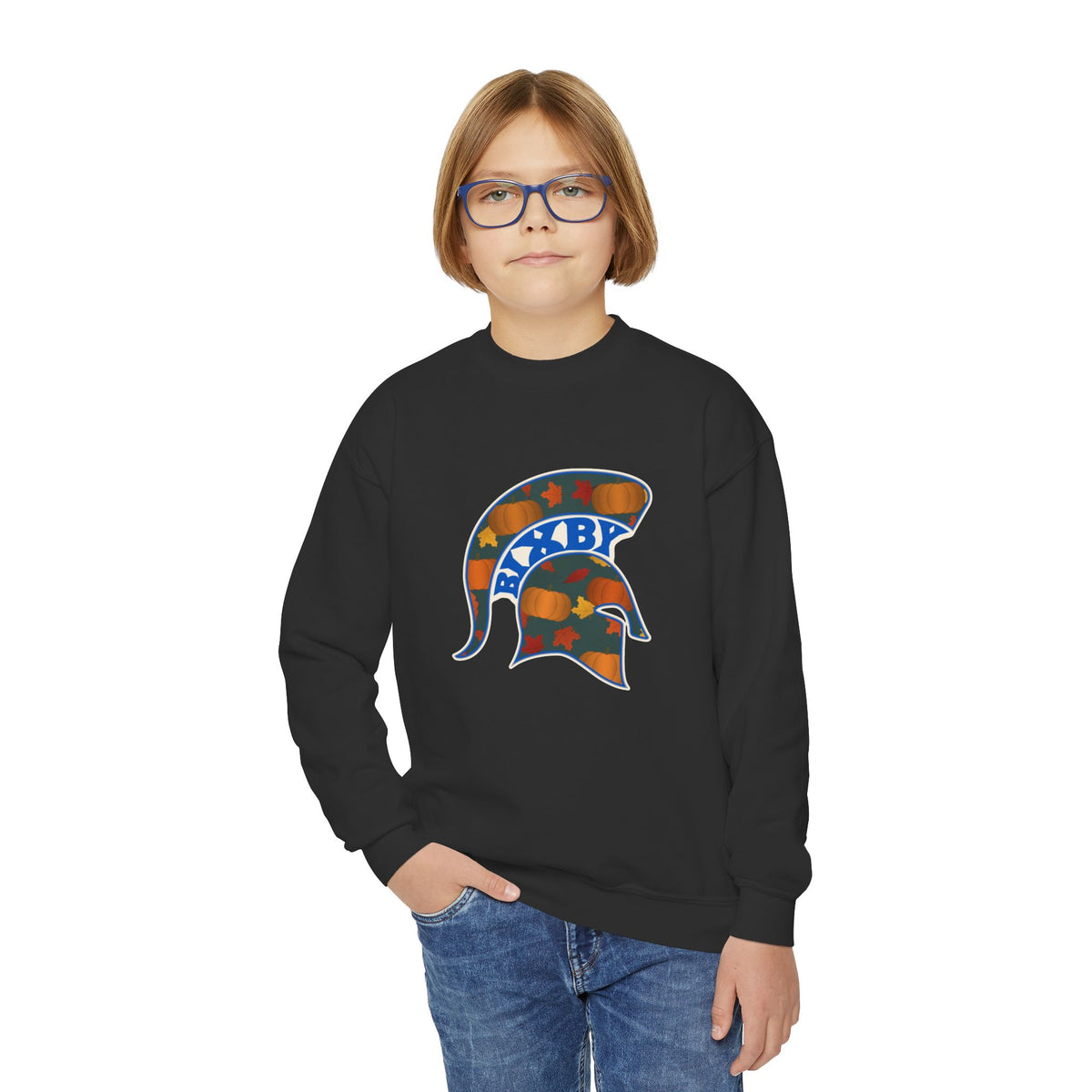 Bixby Spartans Pumpkin Patch Helmet Youth Sweatshirt – Kids Fall Crewneck