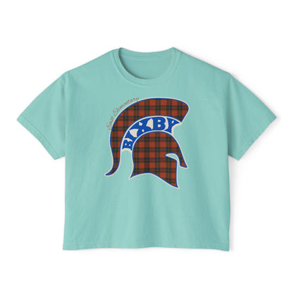 Bixby Spartans East Elementary Plaid Helmet Women's Boxy Tee – School Spirit Mom Shirt