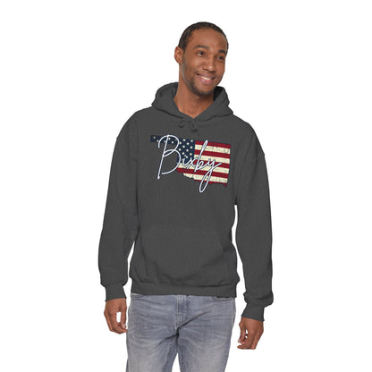 Oklahoma Flag Hoodie with "Bixby" Script Gildan Hoodie