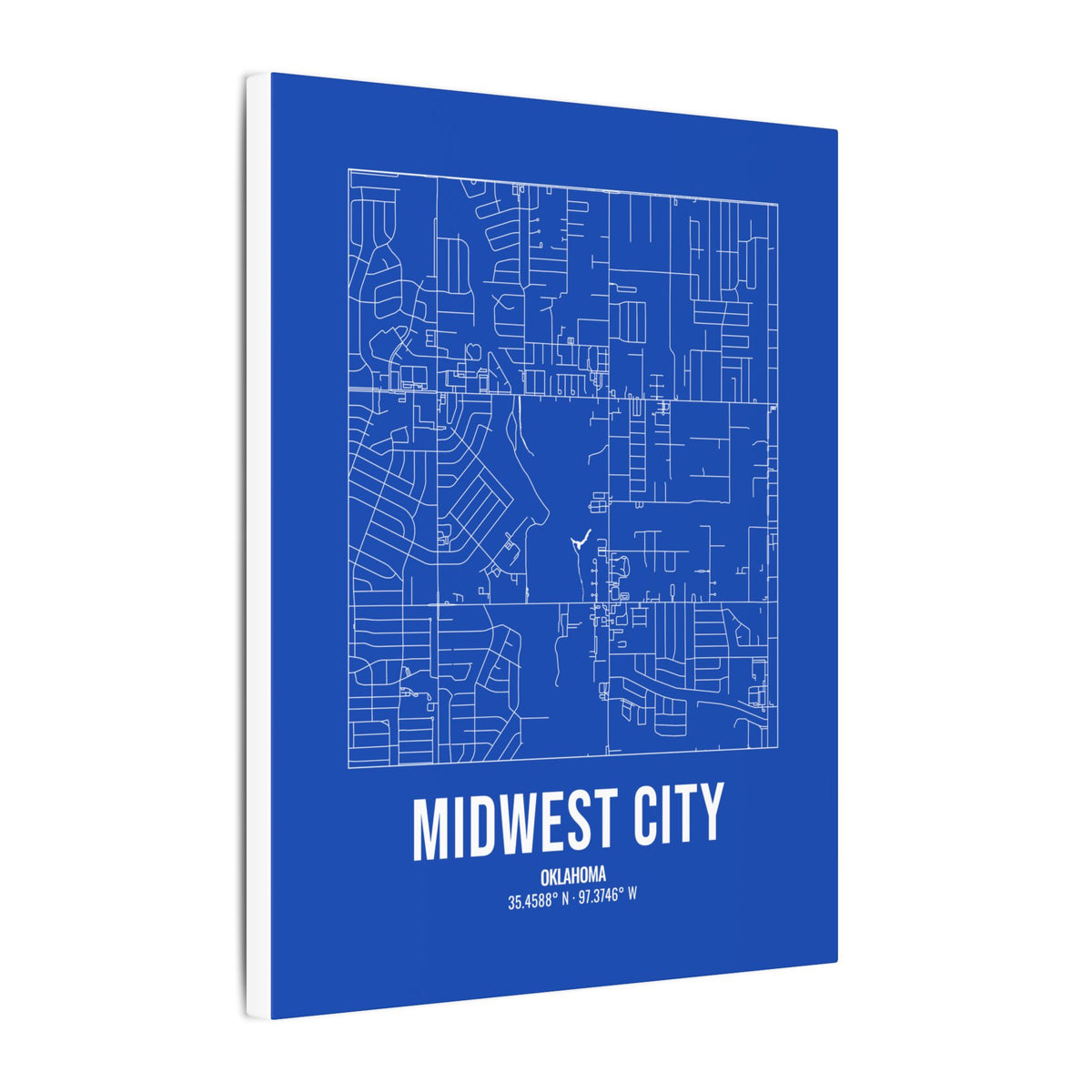 Midwest City Street Map Canvas, White on Royal Blue