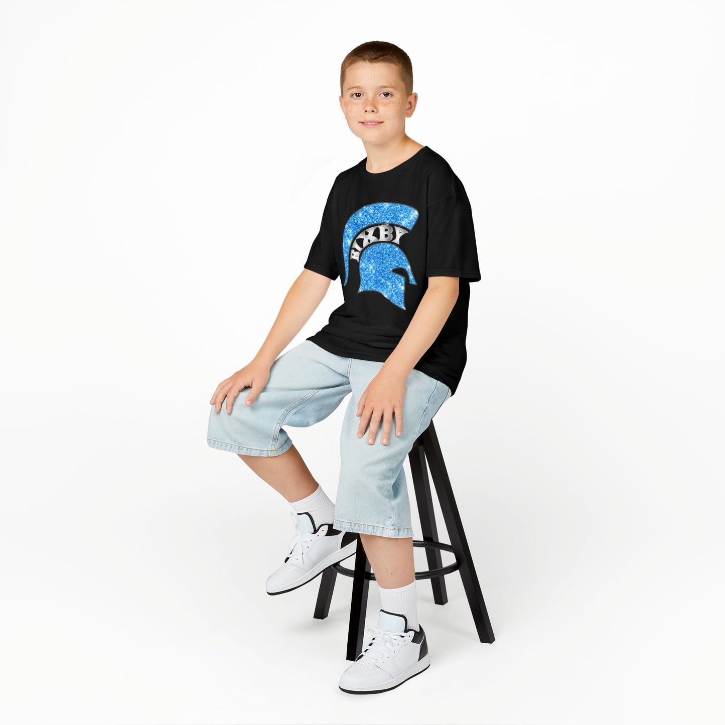 Bixby Spartan Blue Helmet Bling Youth Gildan Tee