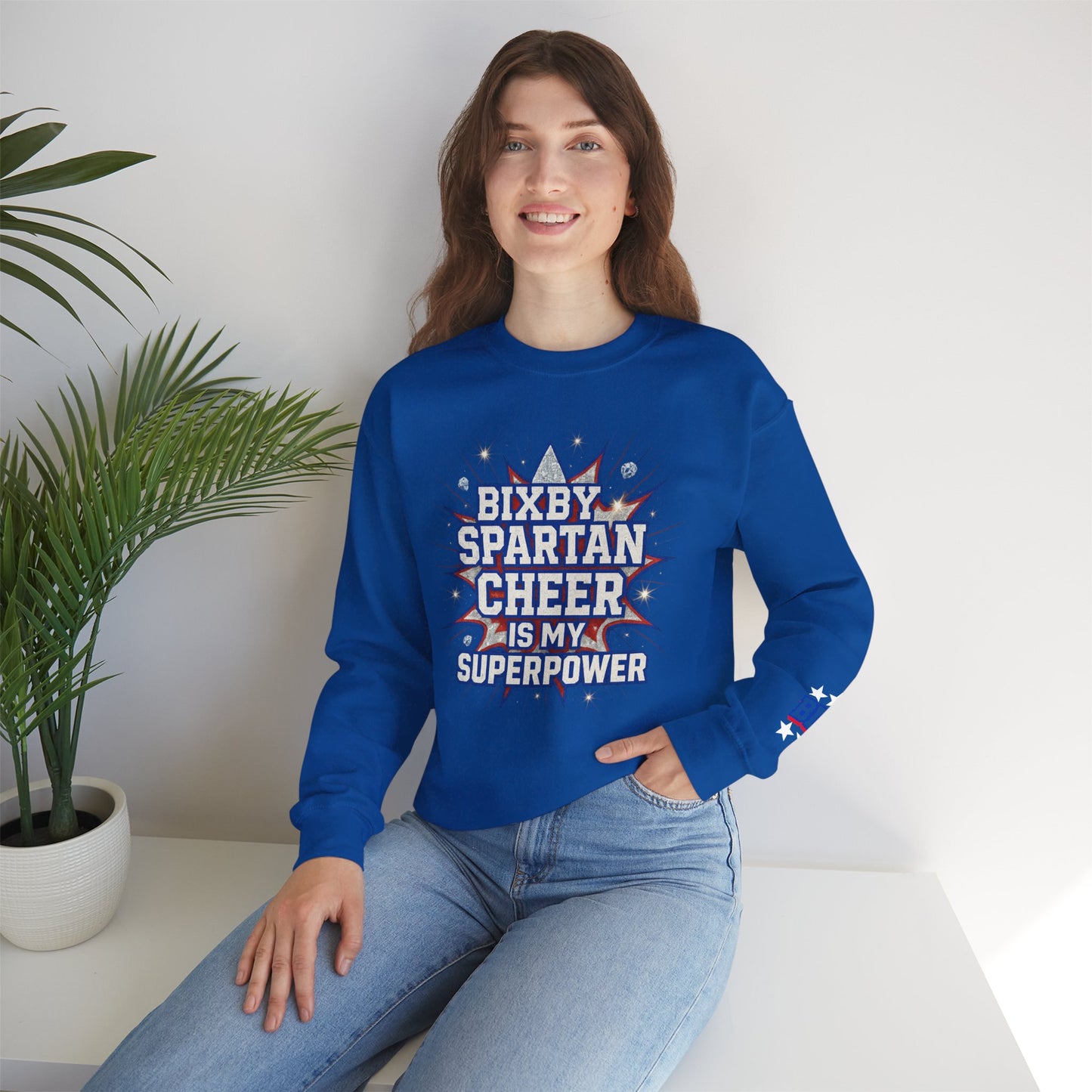 Bixby Spartan Cheer Superpower With Sleeve Print Gildan Sweatshirt