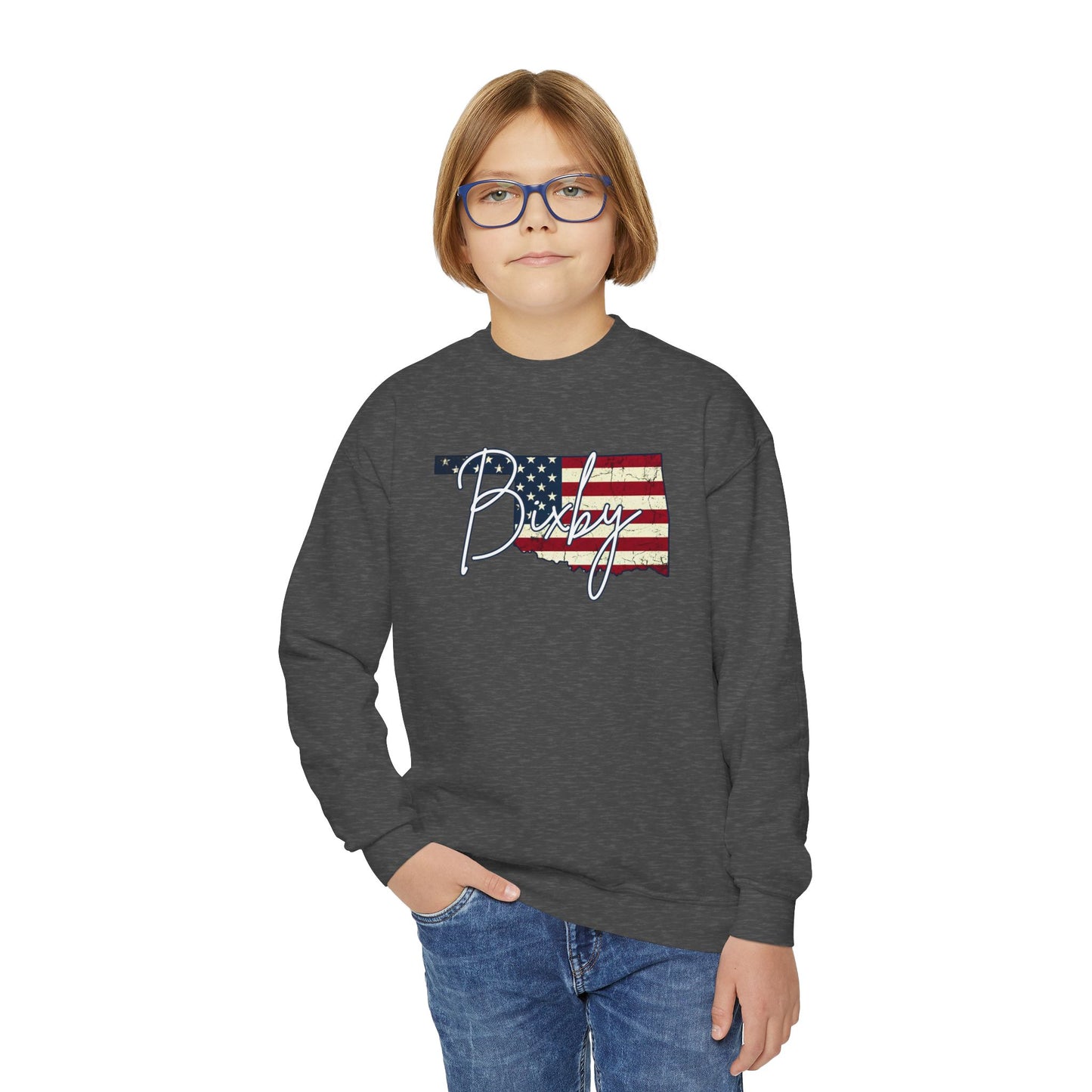 Oklahoma Flag Bixby Script Youth Gildan Sweatshirt