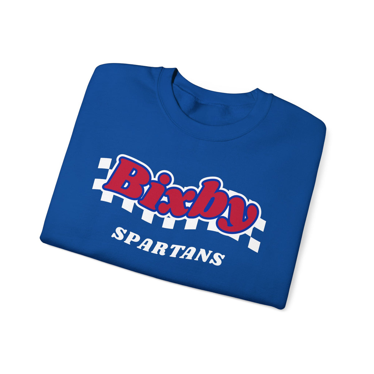 Bixby Spartans Retro Script Checkered Sweatshirt – Red, White & Blue Game Day Crewneck