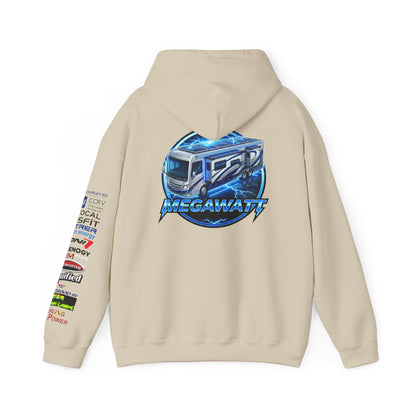 RV Megawatt Hoodie — Retro Camper Graphic Pullover with Sponsor Sleeve Logos