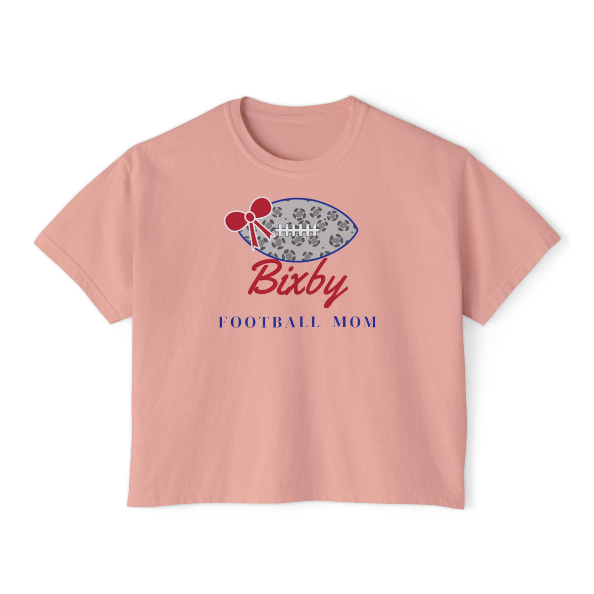 Bixby Spartans Football Mom Women's Boxy Tee – Leopard Football & Bow, Navy Lettering