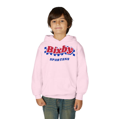 Bixby Spartans Retro Blue Checkered Script Youth Hoodie – Kids Vintage Game Day Hoodie